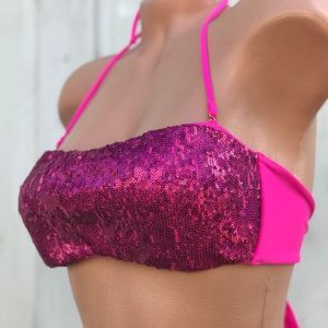 Vintage vs Halter Hot pink Barbie sequin bikini bandeau swimsuit top beach rave